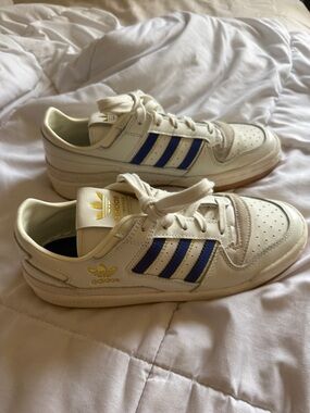 adidas Off-White Leather Sneakers with Blue Stripes and Gold Logos